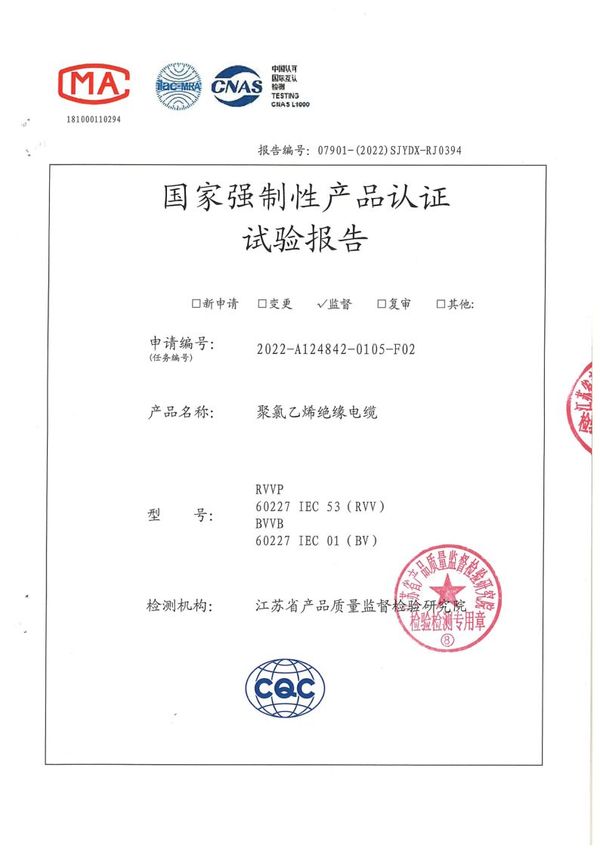 BVVB 2×2.5國家強制性產品認證試驗報告（2022）